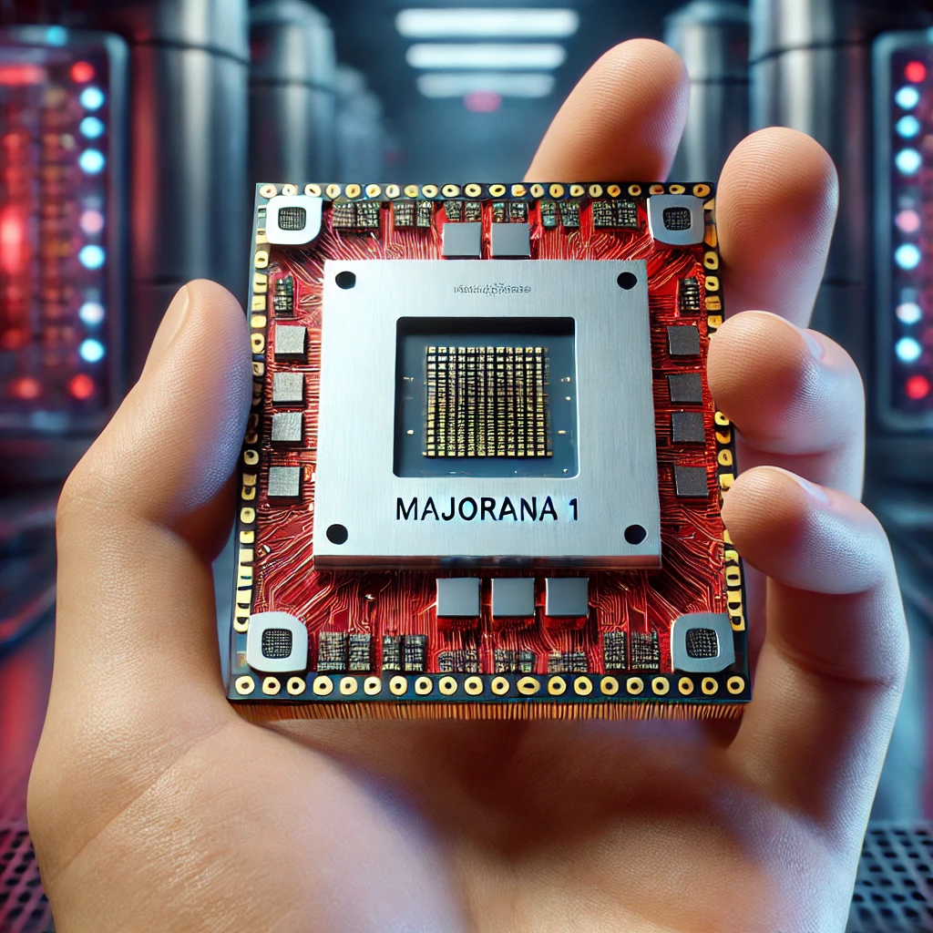 A high-tech quantum computer chip labeled "Majorana 1," featuring a red and gold circuit board, held in a human hand against a futuristic lab background with advanced computing equipment.