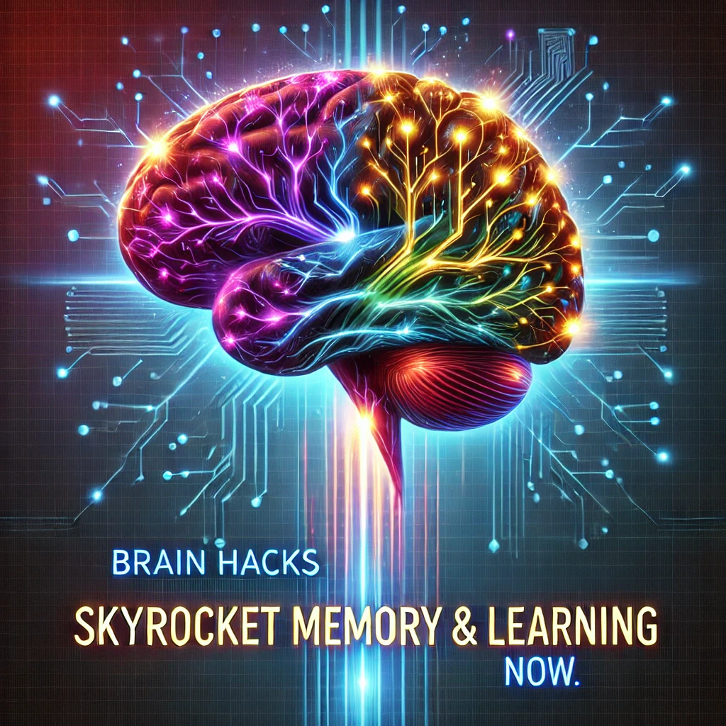 A visually striking thumbnail featuring a glowing brain with electric neural connections, vibrant colors, and bold typography highlighting "Brain Hacks: Skyrocket Memory & Learning Now." The image conveys intelligence, memory enhancement, and learning acceleration.