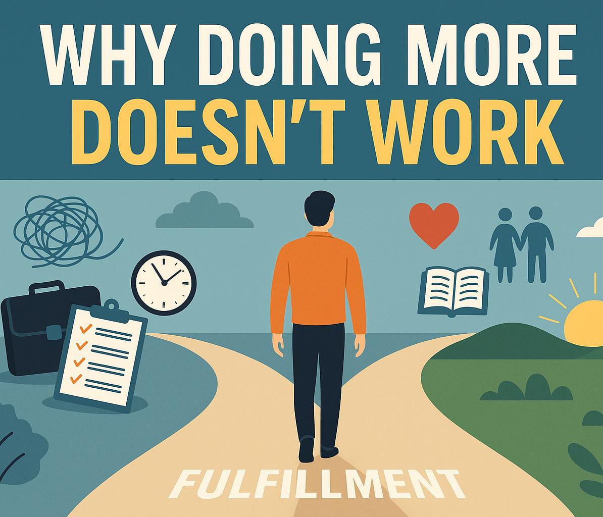 A man overwhelmed by work sits at a cluttered desk surrounded by floating to-do lists and digital icons, illustrating the chaos of doing too much. Unlock the formula for fulfillment.