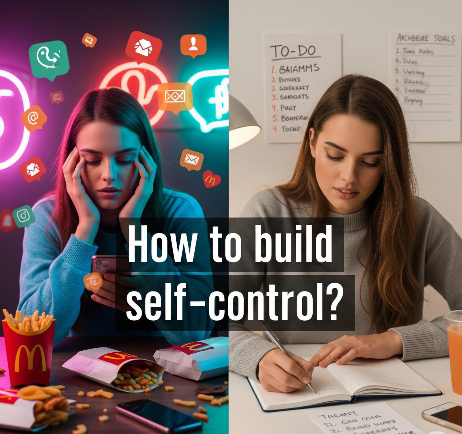 Split image of distracted vs disciplined person showing effects of self-control.